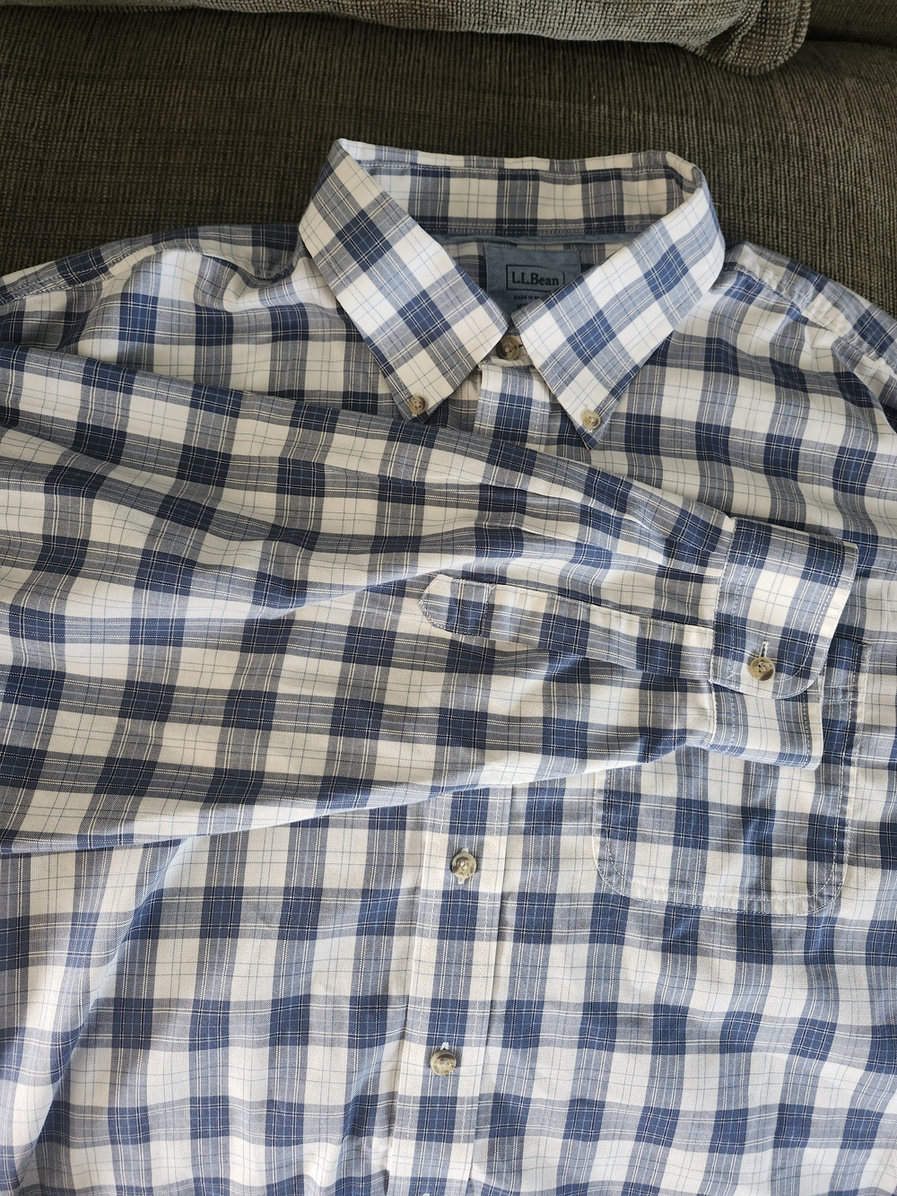 L.L. Bean Men's Blue and White Plaid Button-Down Shirt